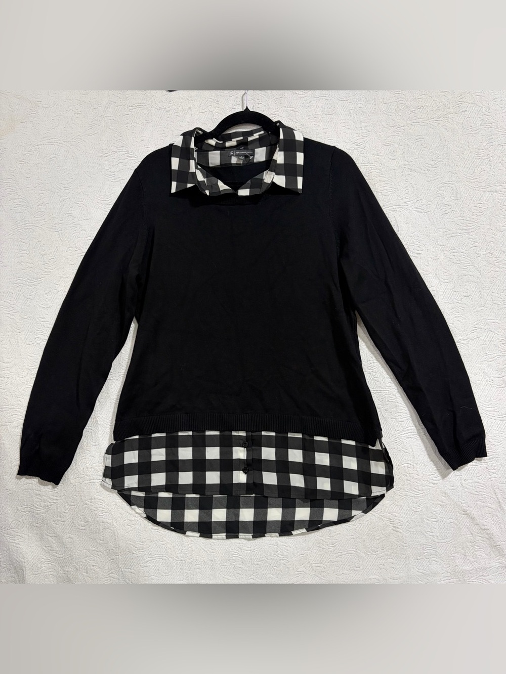 Adrianna Papell Black Layered Sweater Top with Black & White Check Detail